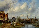Charles Henri Joseph Leickert Figures on a Barge Near a Winterside Village painting